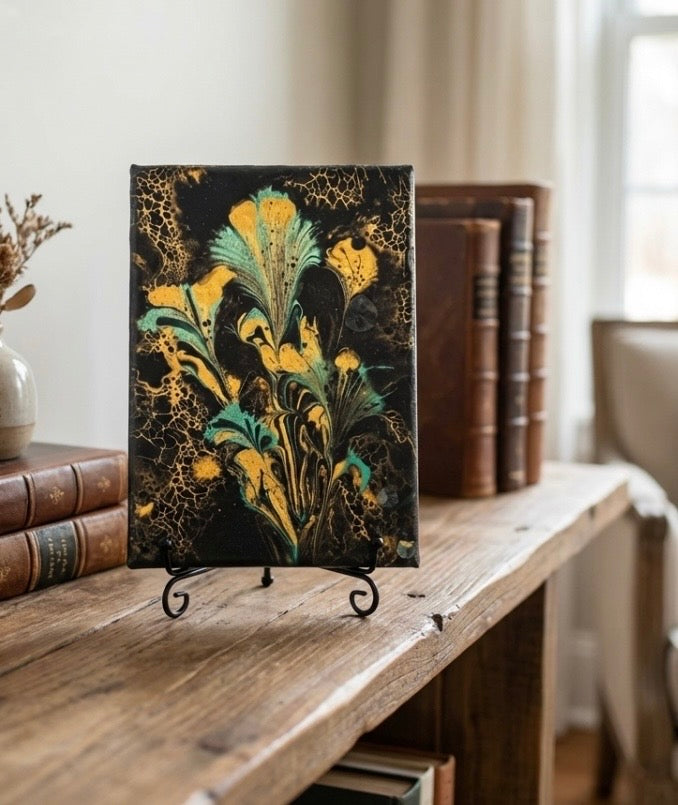 Custom original acrylic, painting, in gold and black and green