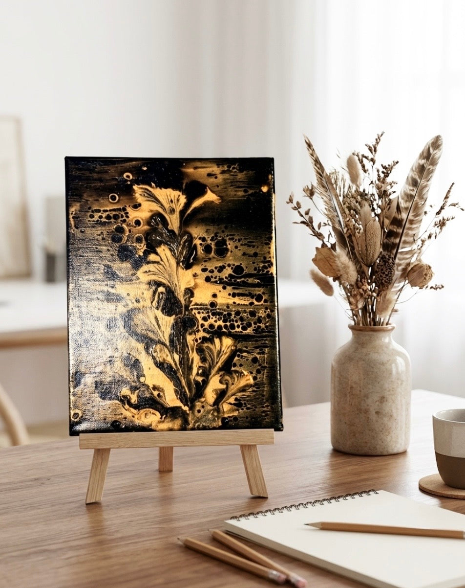 Original 5 x 7 gold and black flowered acrylic painting