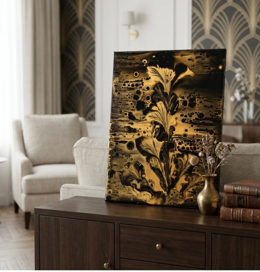 Original 5 x 7 gold and black flowered acrylic painting