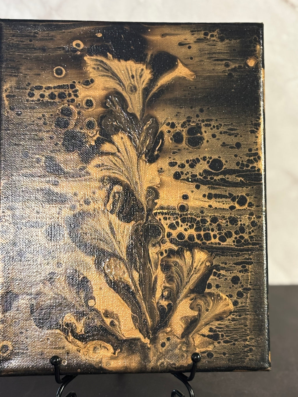 Original 5 x 7 gold and black flowered acrylic painting