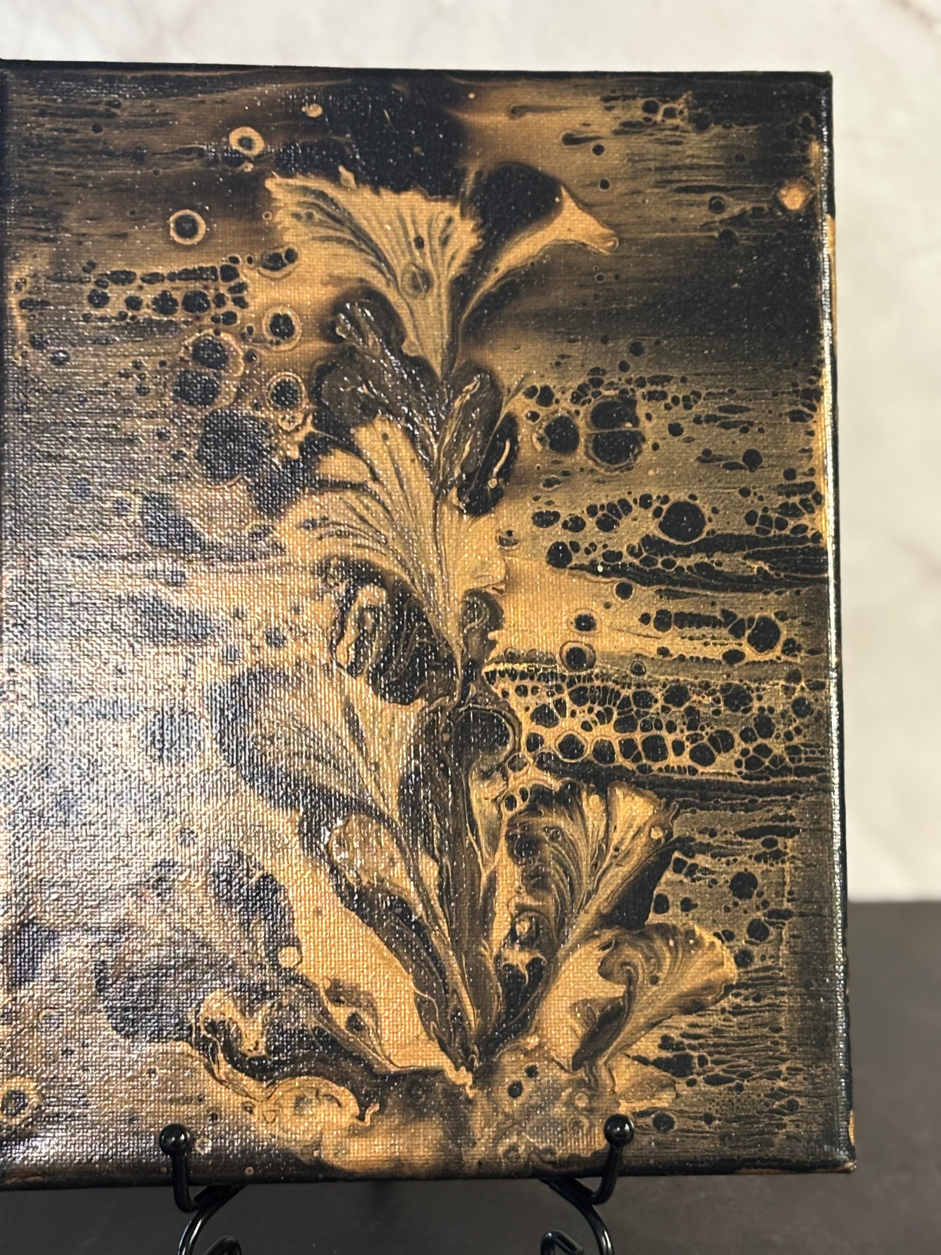 Original 5 x 7 gold and black flowered acrylic painting