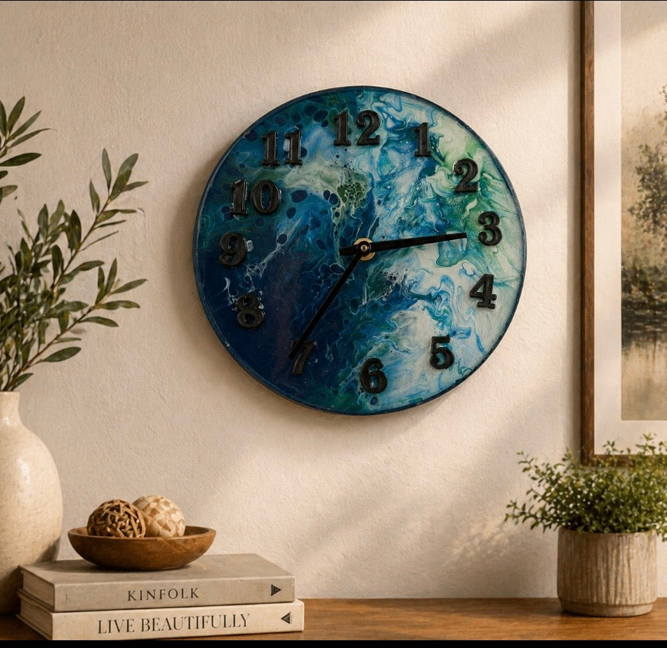 Handmade Acrylic Pour Ocean Resin Wall Clock