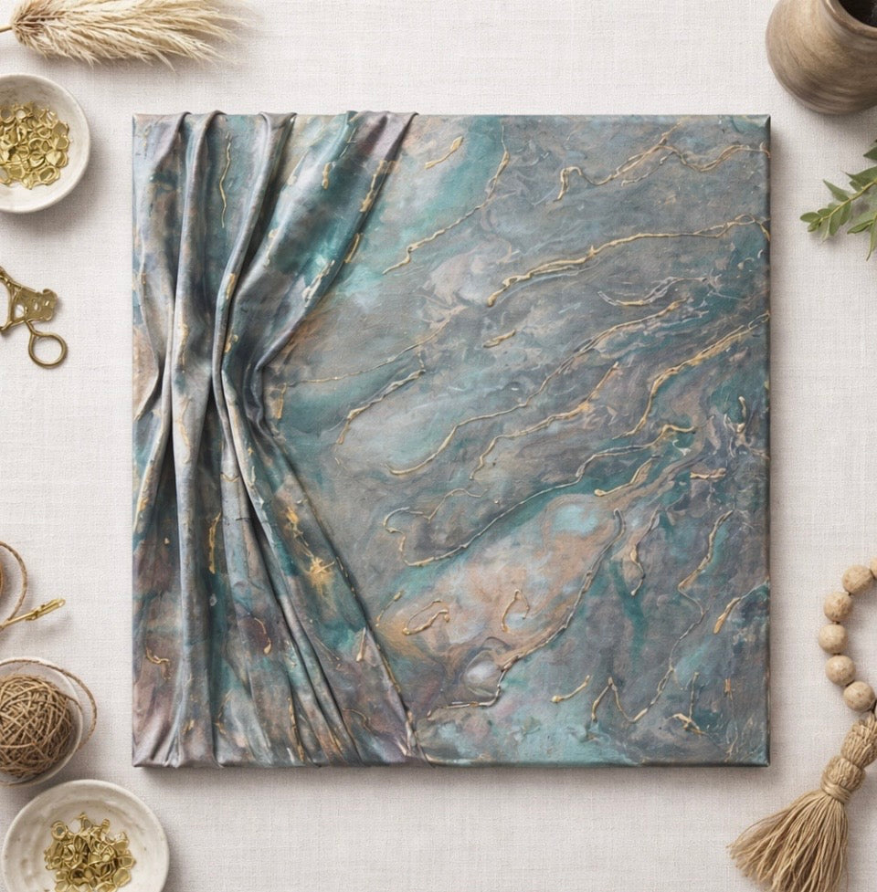 Original green and gold fabric acrylic painting 12 x 12