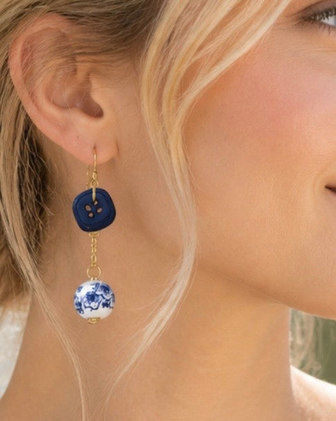 Blue Button drop dangle earrings