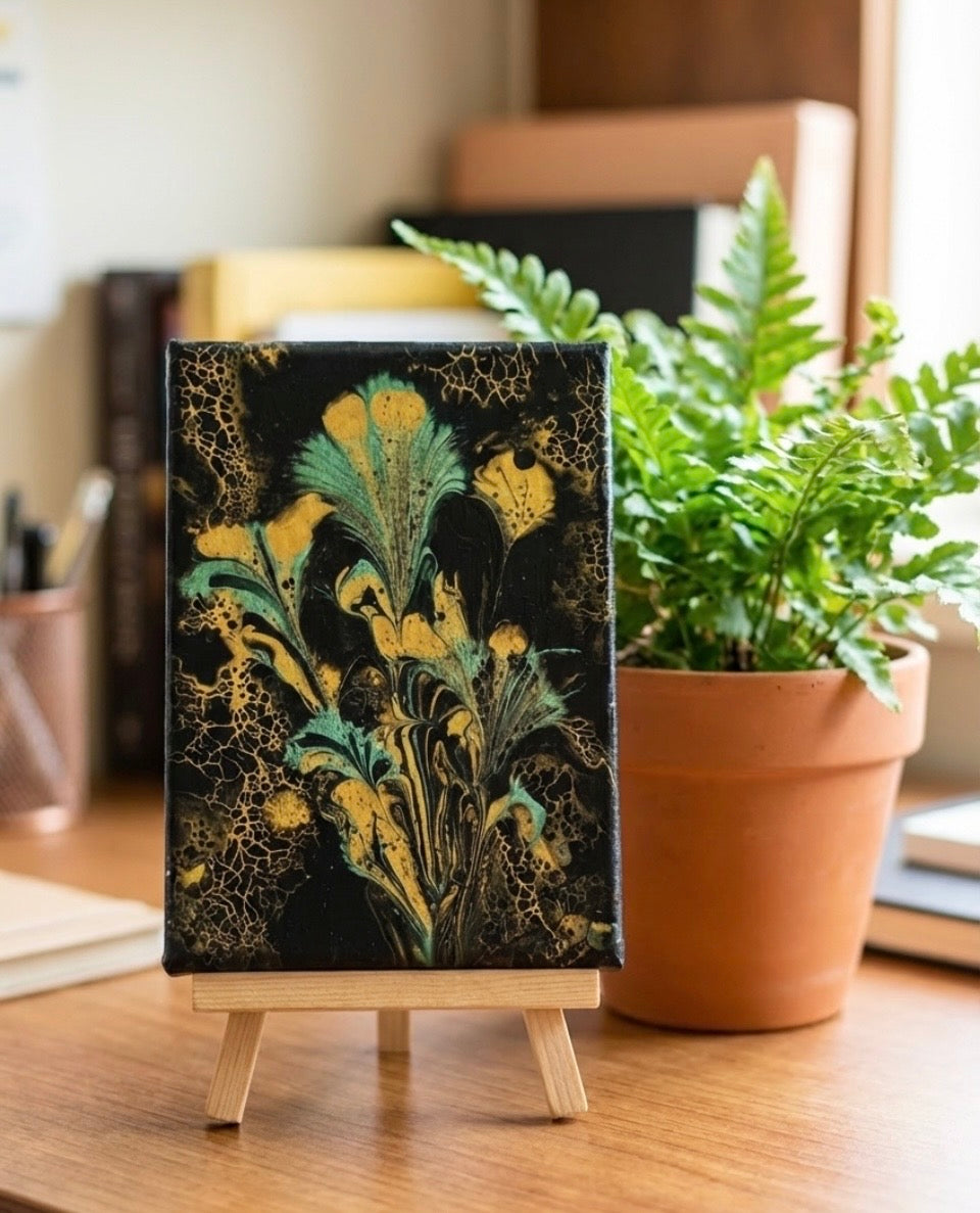 Custom original acrylic, painting, in gold and black and green