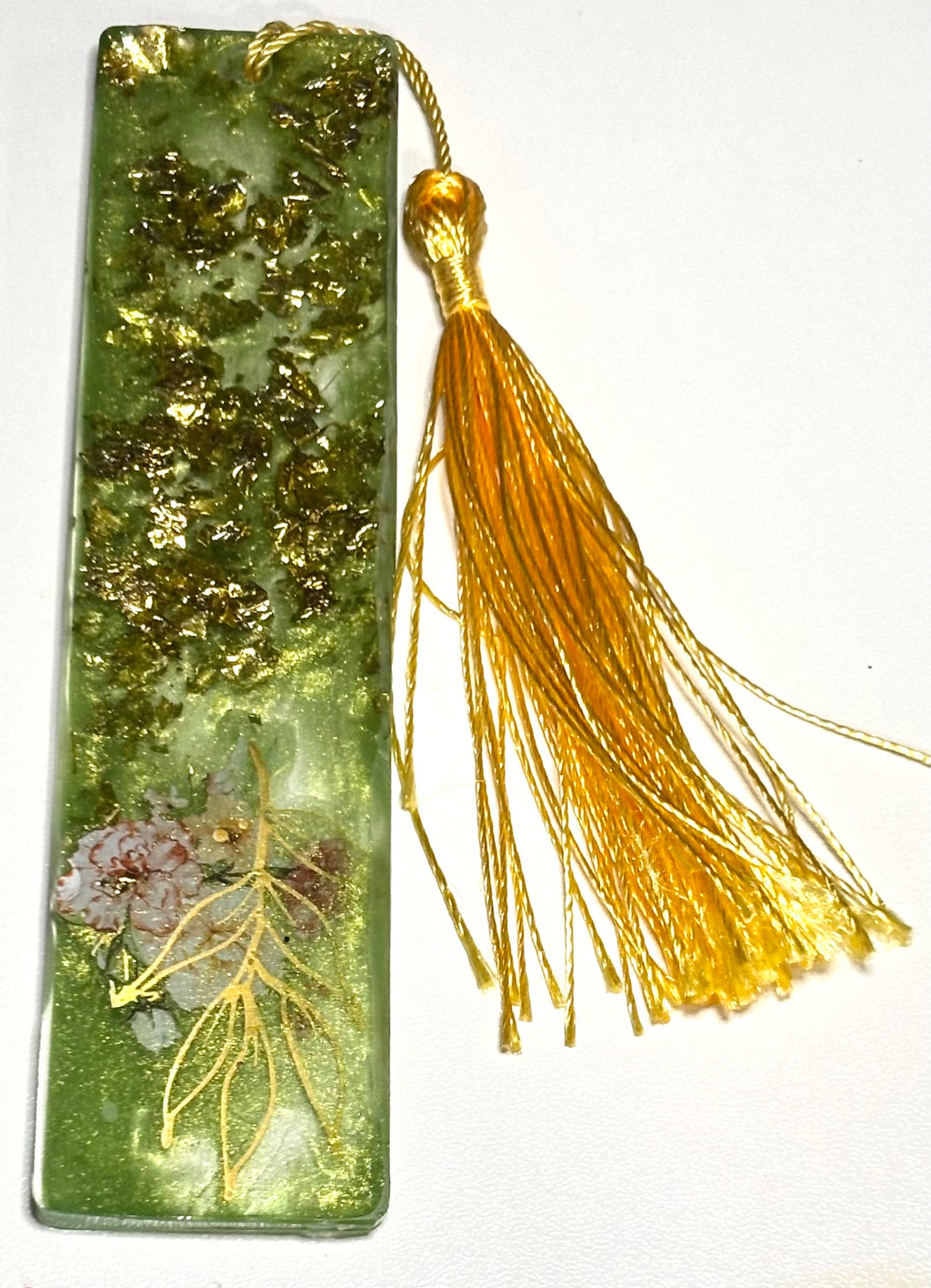 Emerald Resin Bookmark with Gold Flakes & Floral Design