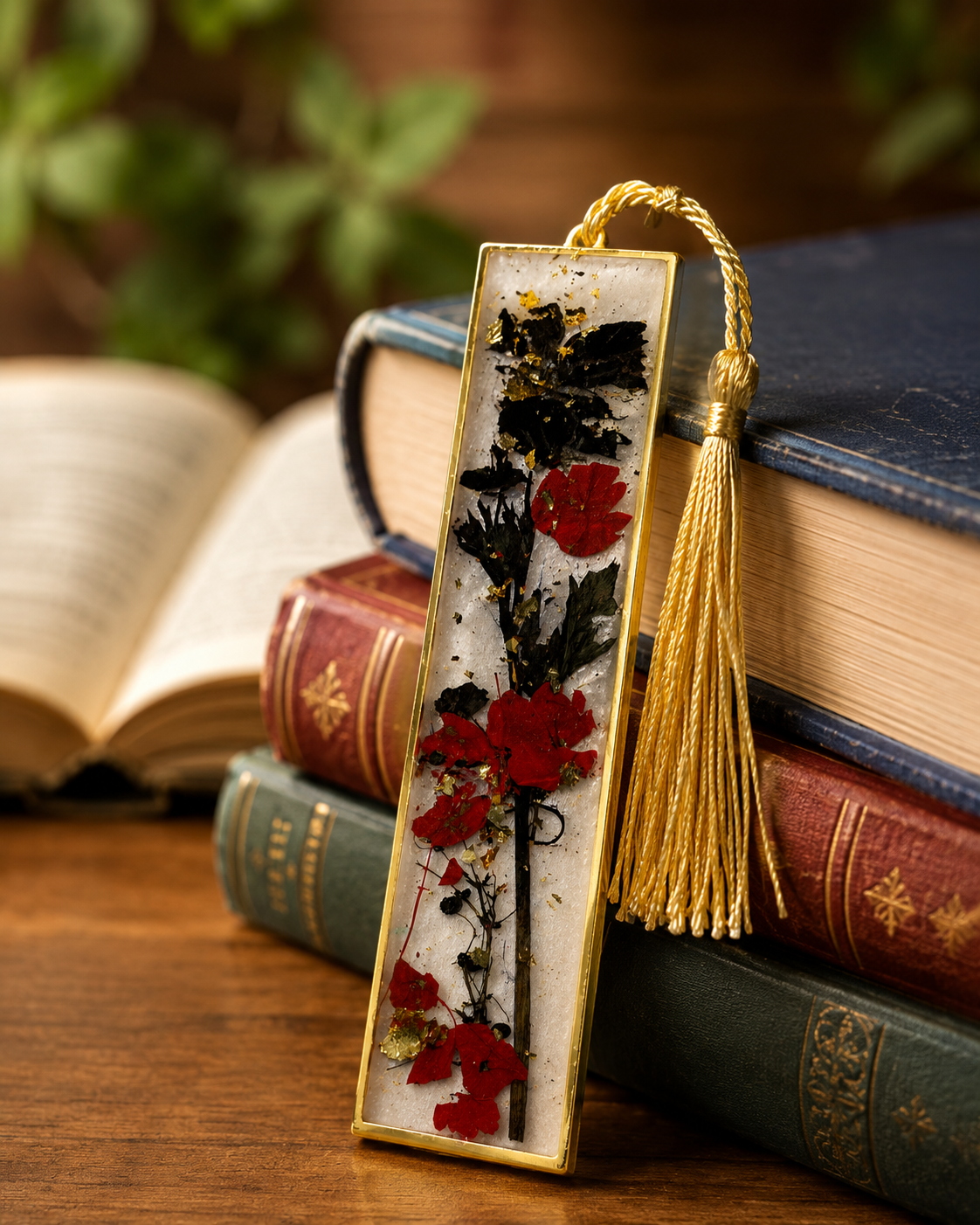 Pressed Flower Resin Bookmark with Gold Tassel