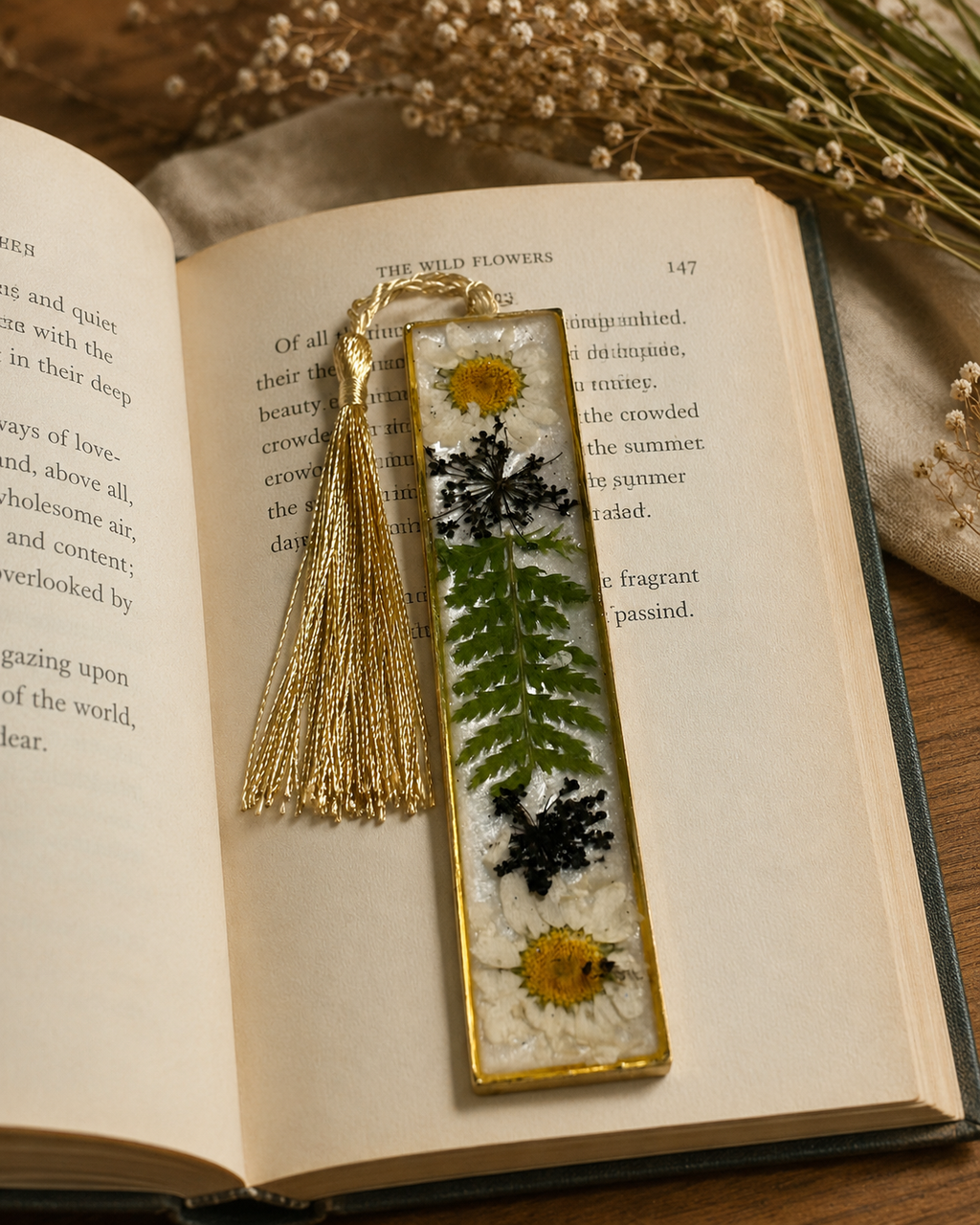 Handmade Pressed Flower Resin Bookmark with Gold Tassel