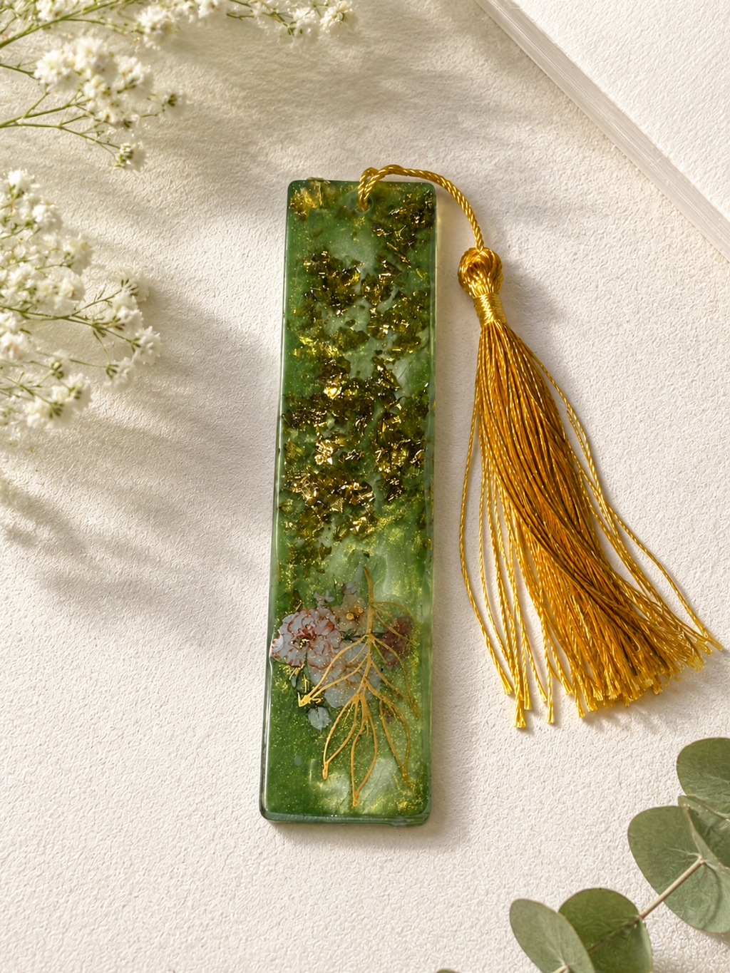 Emerald Resin Bookmark with Gold Flakes & Floral Design