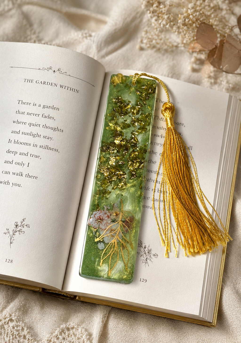 Emerald Resin Bookmark with Gold Flakes & Floral Design