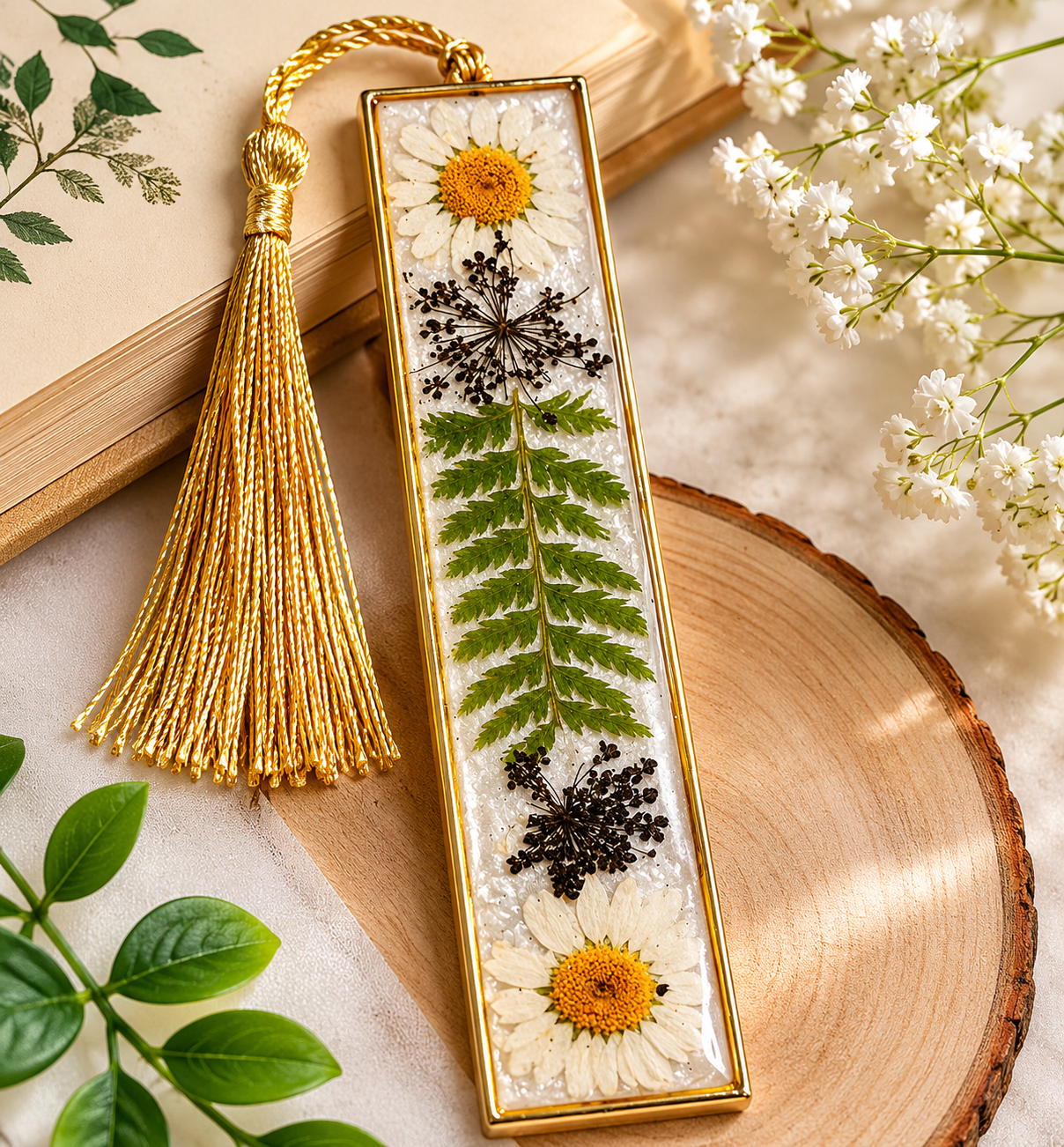 Handmade Pressed Flower Resin Bookmark with Gold Tassel