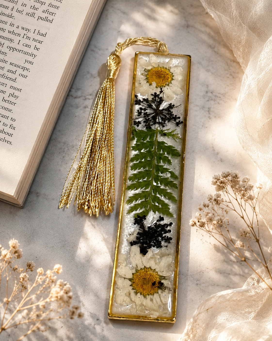 Handmade Pressed Flower Resin Bookmark with Gold Tassel