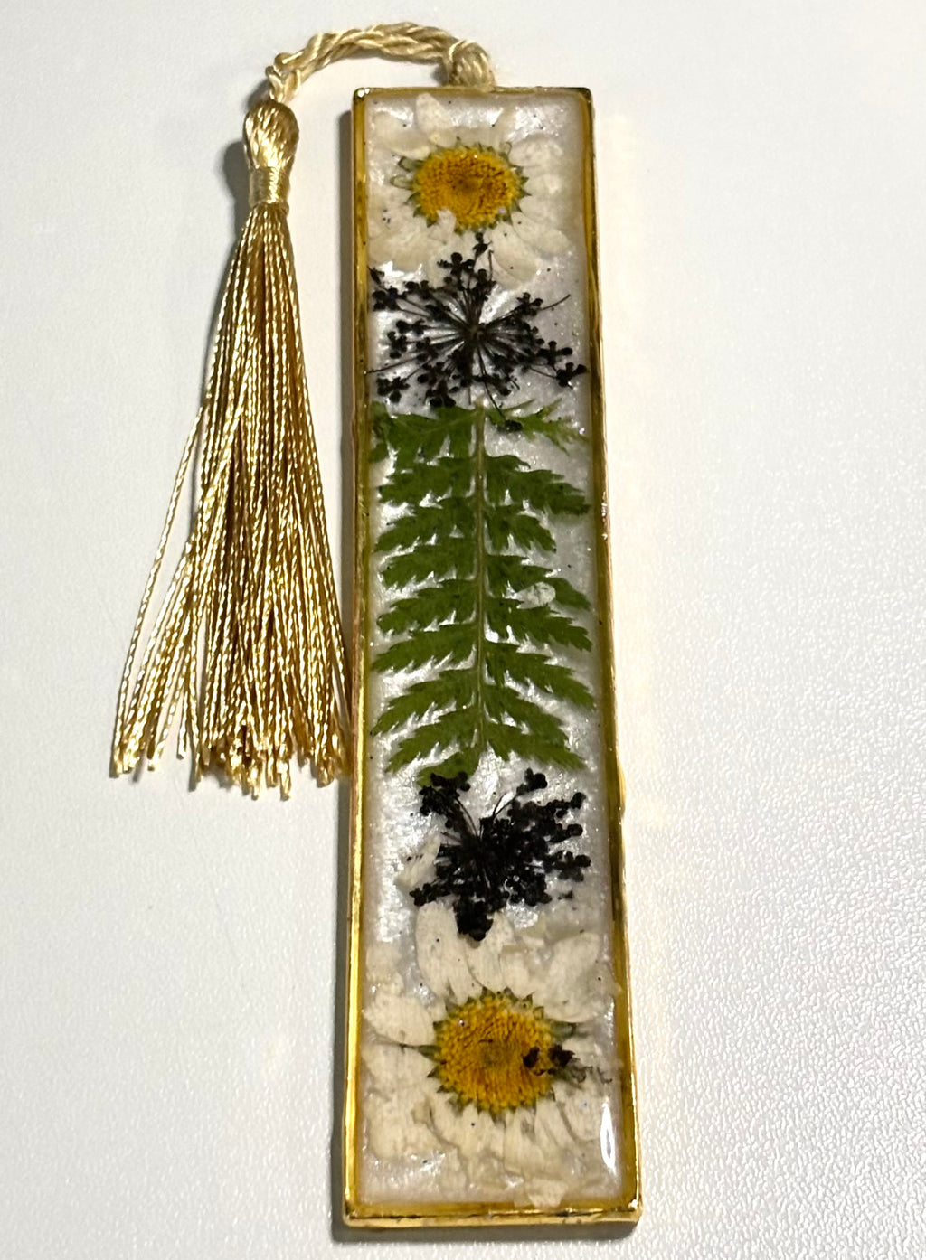 Handmade Pressed Flower Resin Bookmark with Gold Tassel